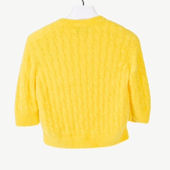 Gucci x Adidas Yellow Fuzzy Cable-Knit Embroidered Short-Sleeve Sweater - Picture 3 of 13